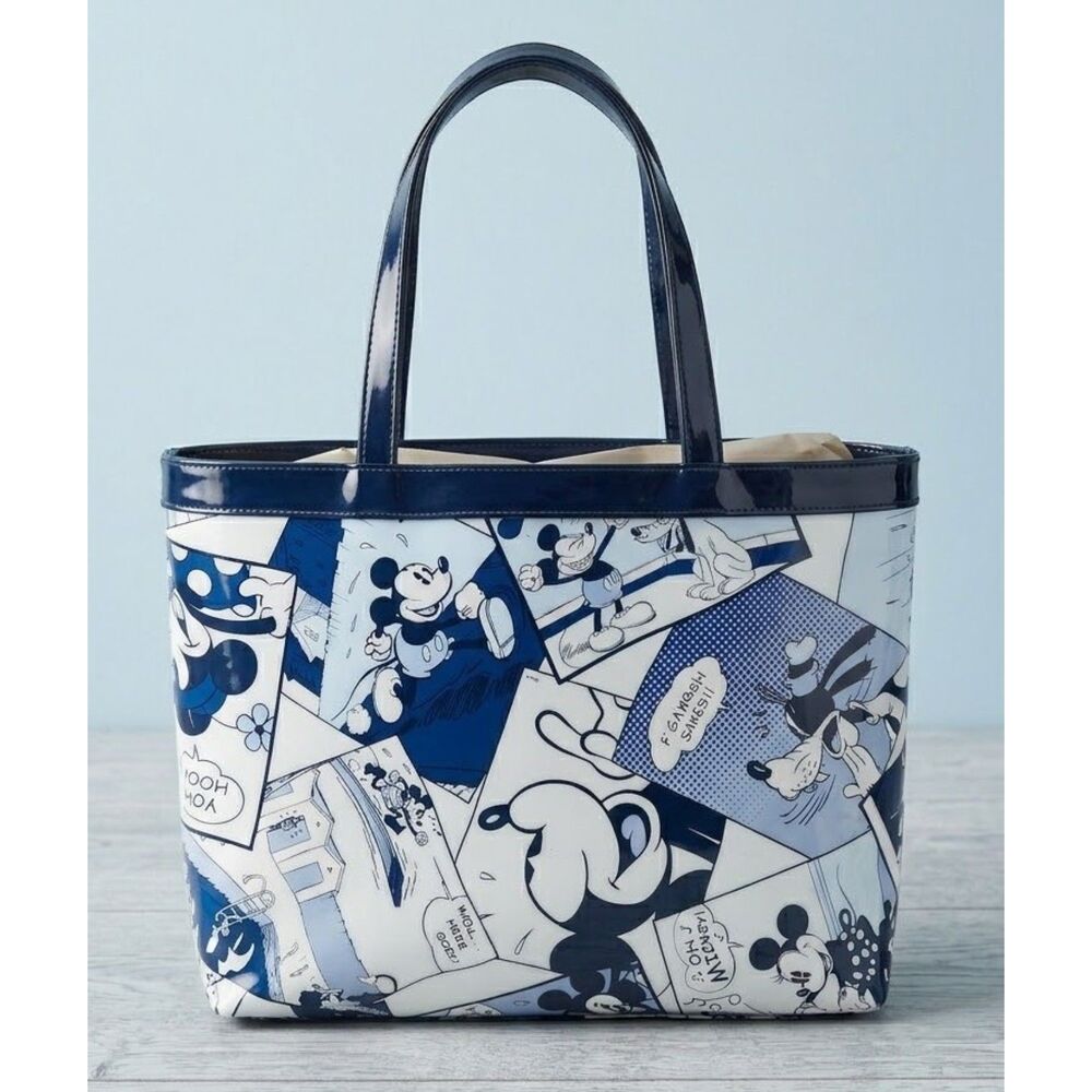 Disney Mickey Mouse Tote Bag Comic Strip Blue White Vinyl Patent Shoulder Bag